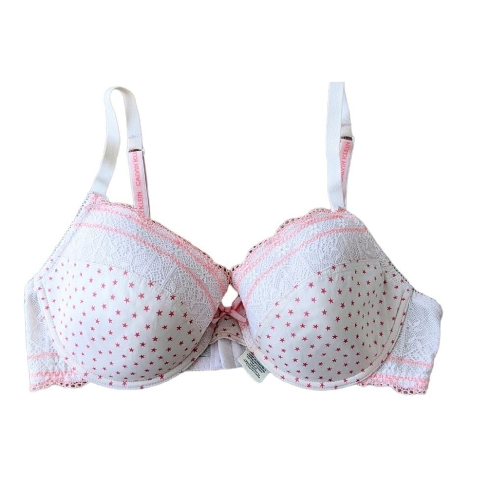 CALVIN Klein lace and stars lightly padded bra white red 34D c064